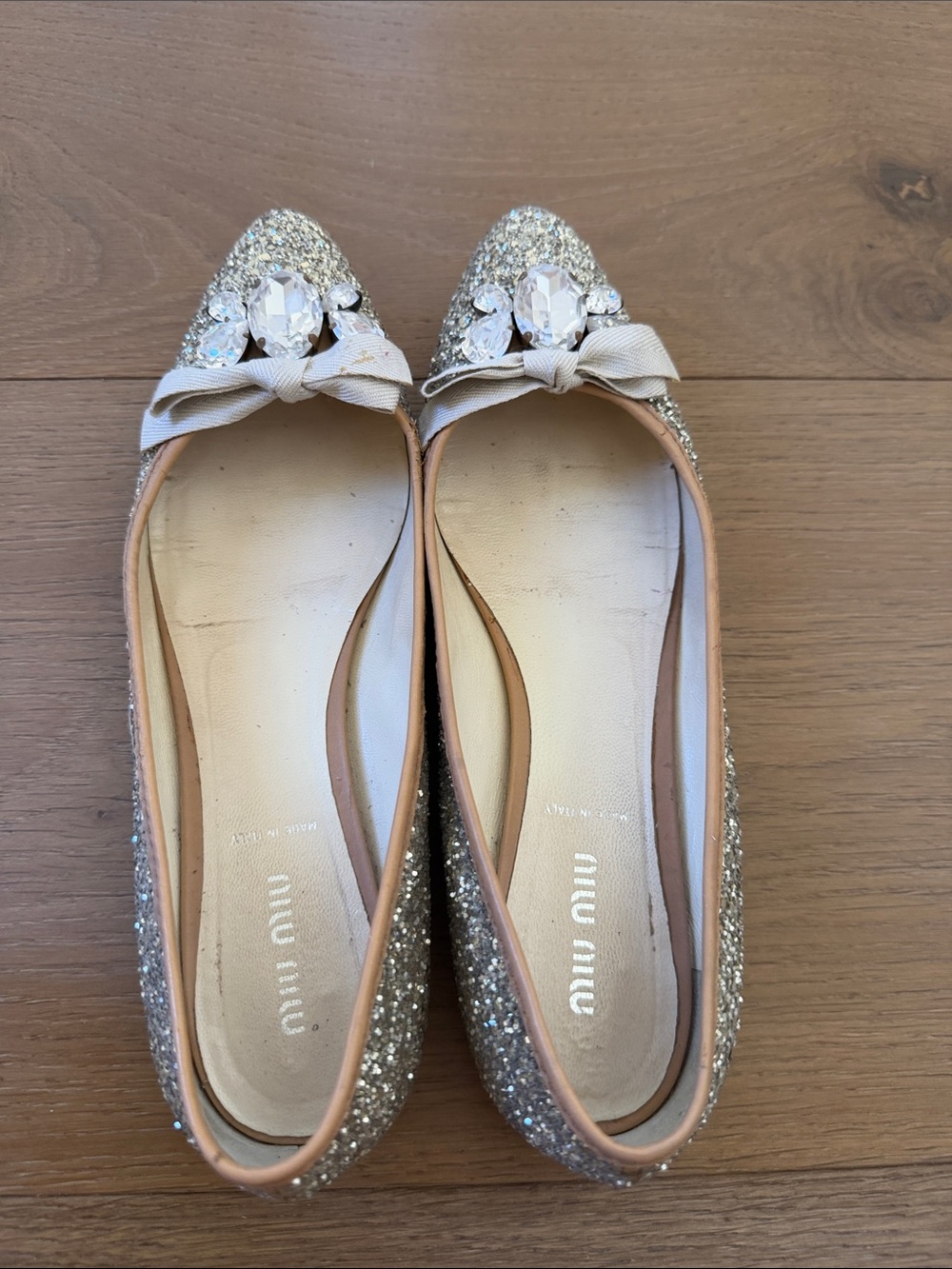 Miu Miu Gold Glitter Pointed Flats with Crystal Bow - Picture 3 of 6